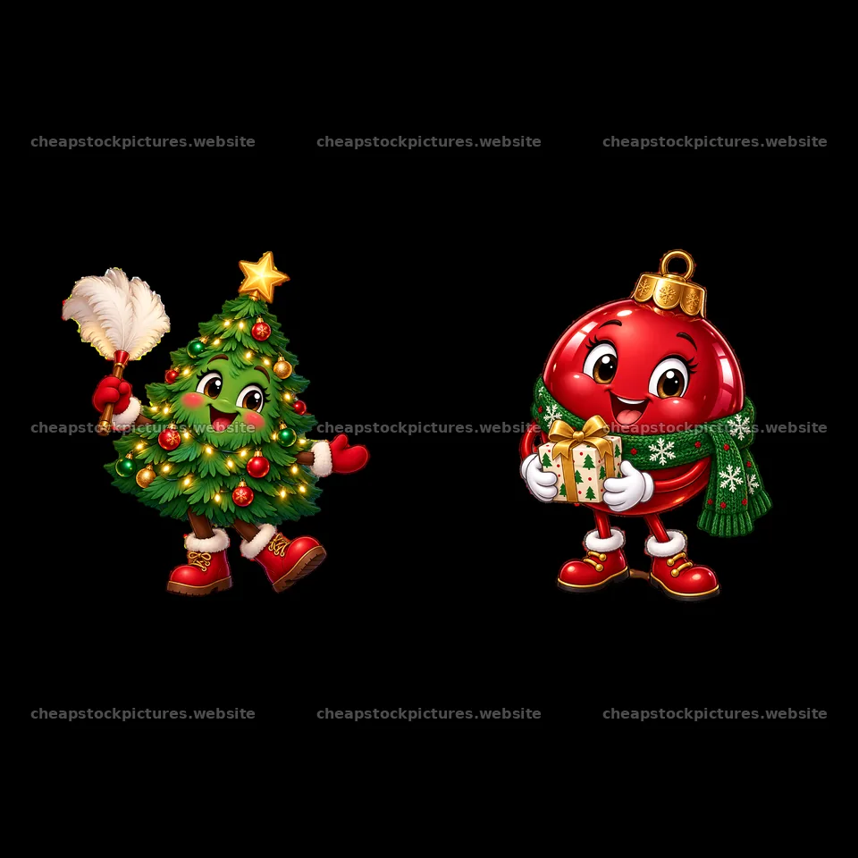 Christmas tree and ornament characters with gifts and decorations – stock pictures 7746x7746