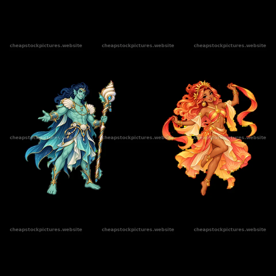 Pagan gods with blue and orange colors holding objects and dancing – stock pictures 7746x7746