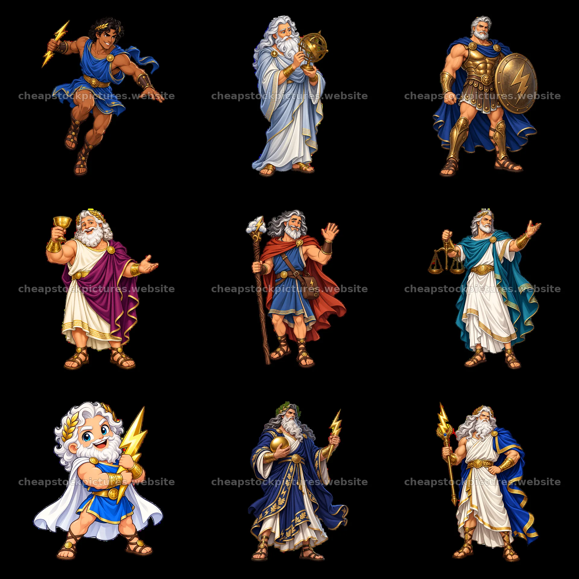 Zeus and Greek gods illustrated in a 3x3 cartoon sticker layout – stock pictures 7746x7746