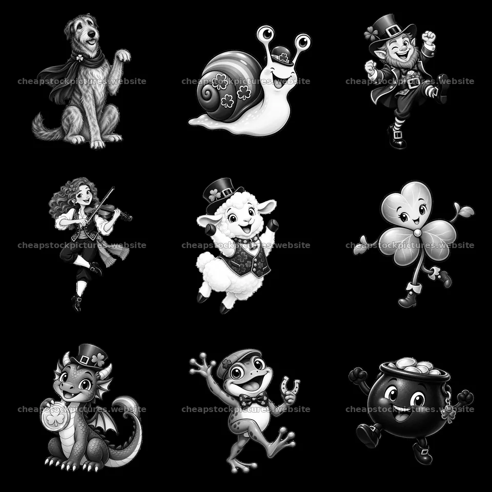 Cartoon characters celebrating St. Patrick's Day in a 3x3 grid – stock pictures 7746x7746