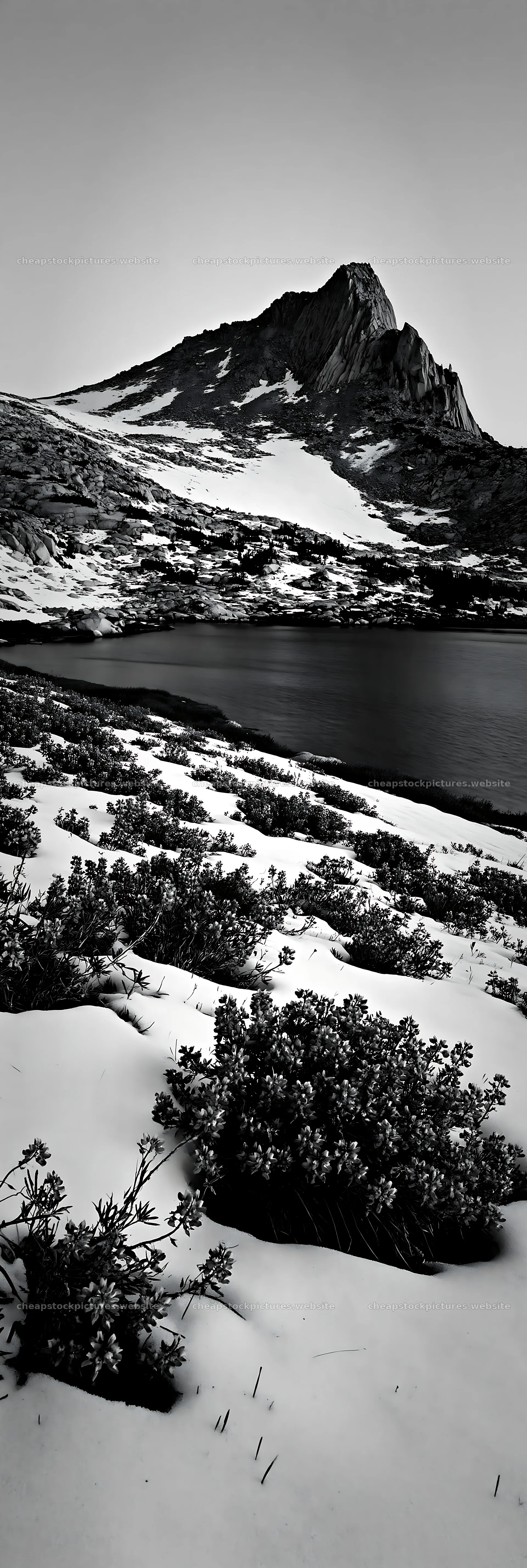 Snowy lakeside meadow with mountain and vegetation – stock pictures 4602x13690