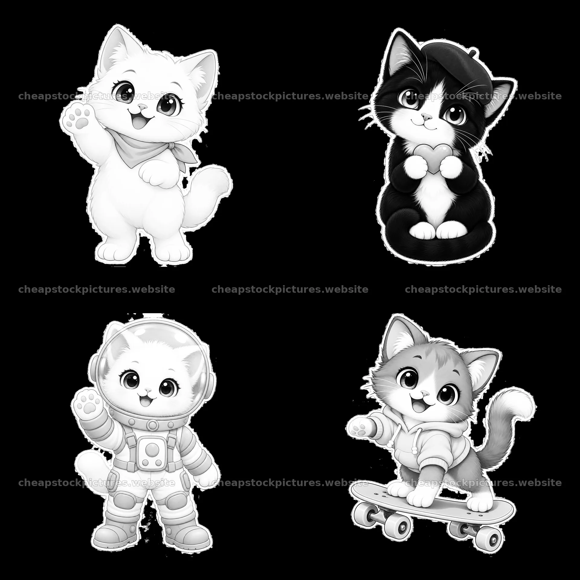 Kawaii cats in a 2x2 arrangement with playful activities – stock pictures 7746x7746