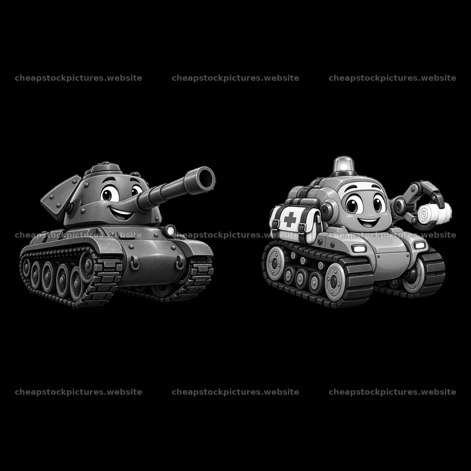 Cartoon tanks with friendly faces and distinct accessories – stock pictures 7746x7746
