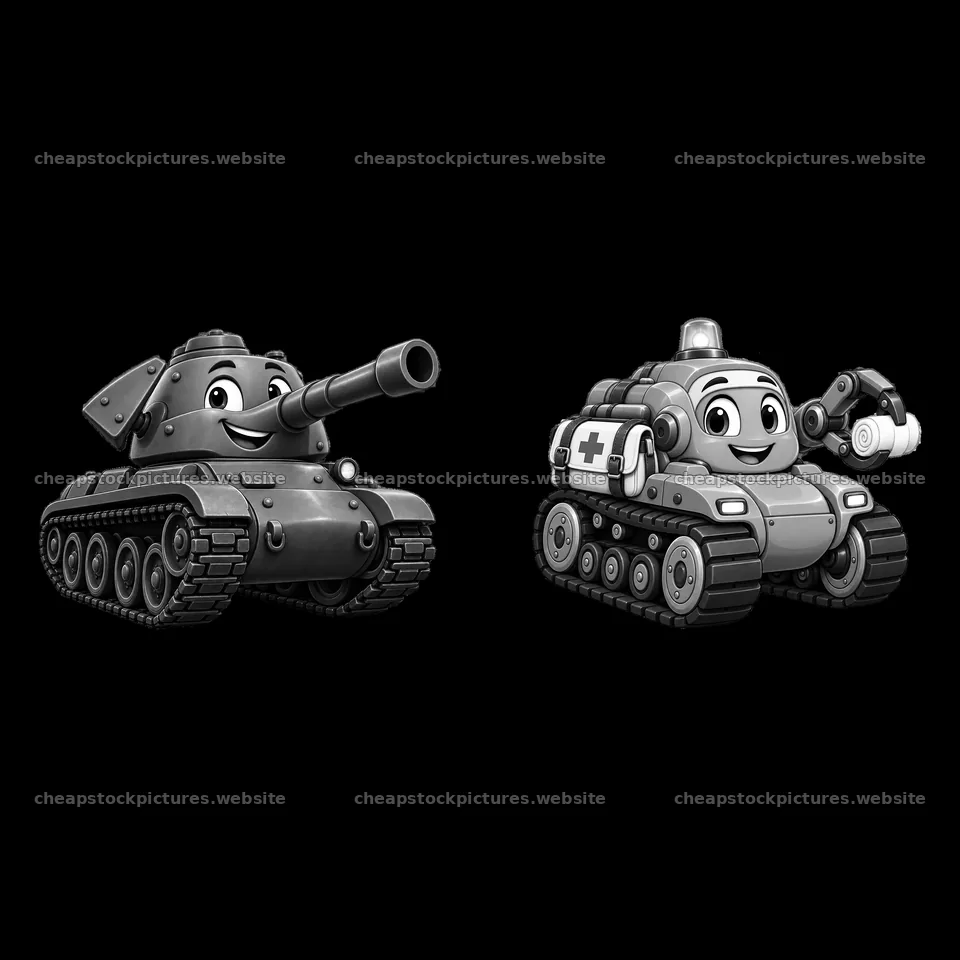 Cartoon tanks with friendly faces and distinct accessories – stock pictures 7746x7746