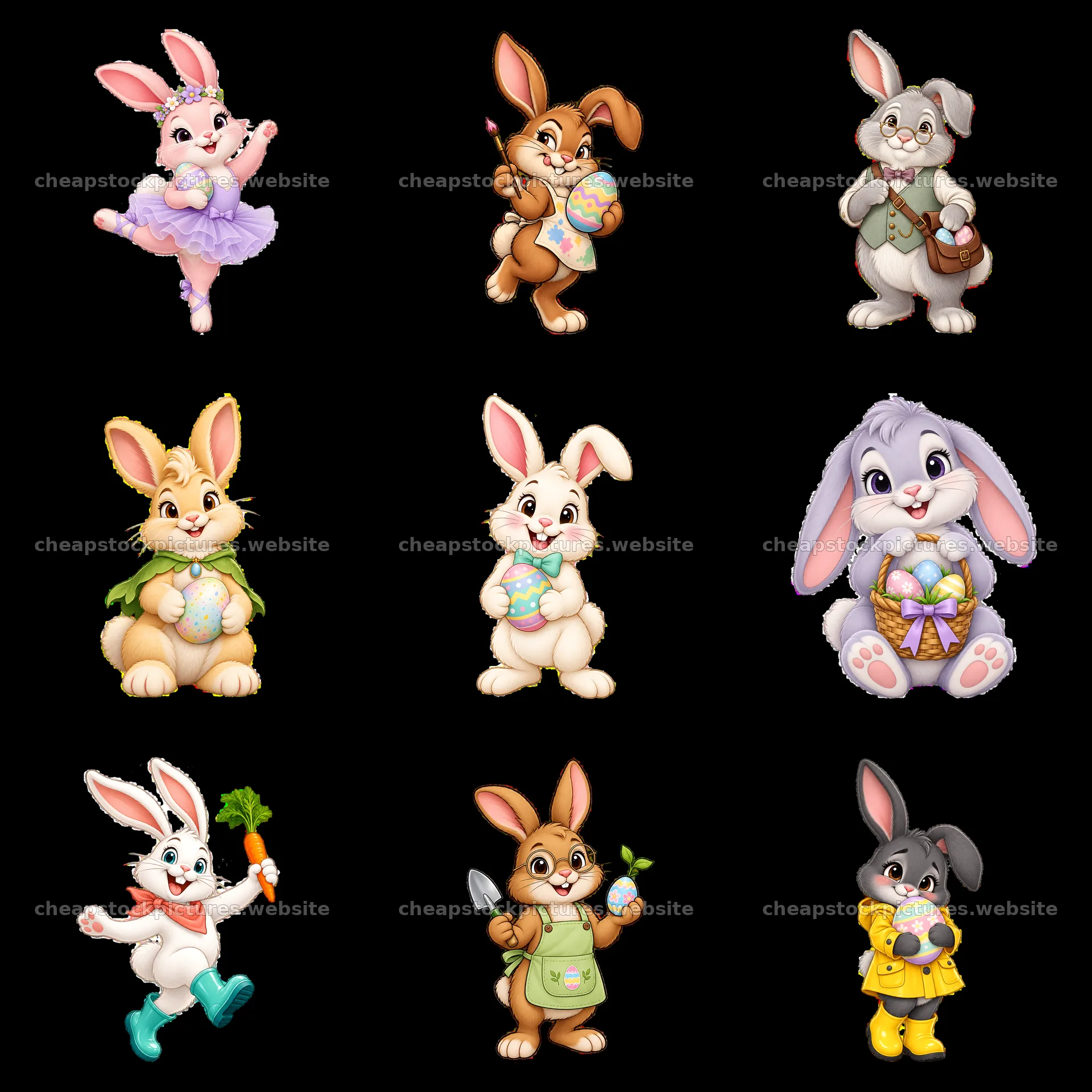 Easter Bunny characters in a 3x3 arrangement with colorful details – stock pictures 7746x7746