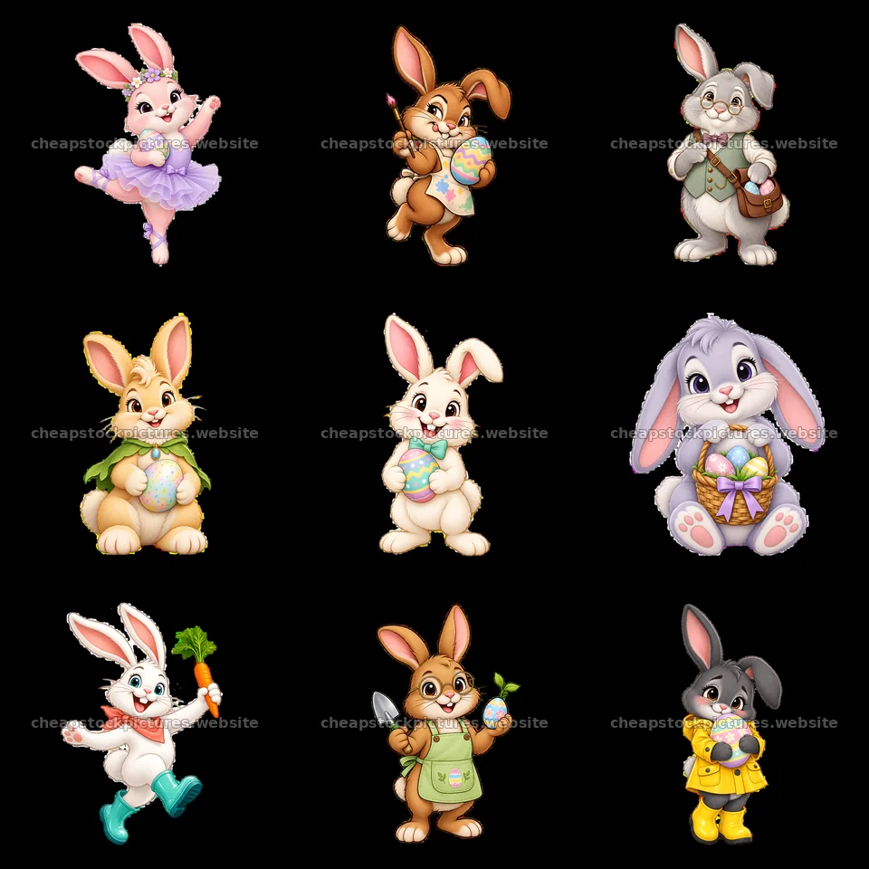 Easter Bunny characters in a 3x3 arrangement with colorful details – stock pictures 7746x7746