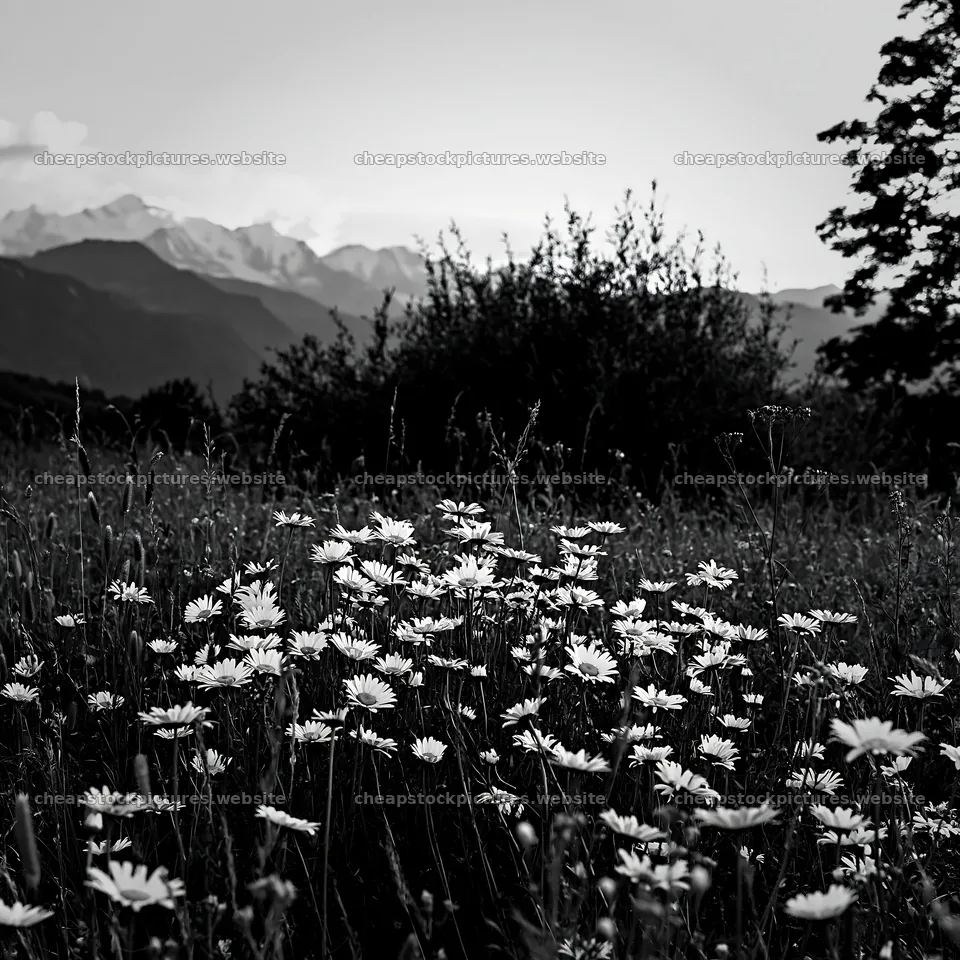 Twilight meadow with yarrow flowers and mountains nearby – stock pictures 7938x7938