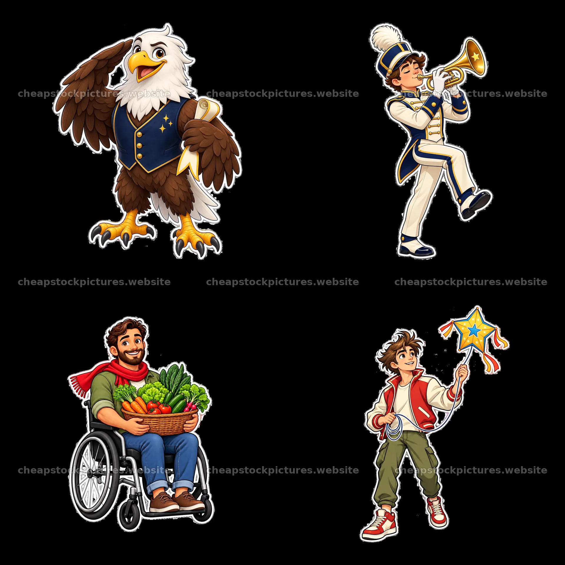 Eagle mascot, musician with trumpet, boy with kite, and gardener – stock pictures 7746x7746
