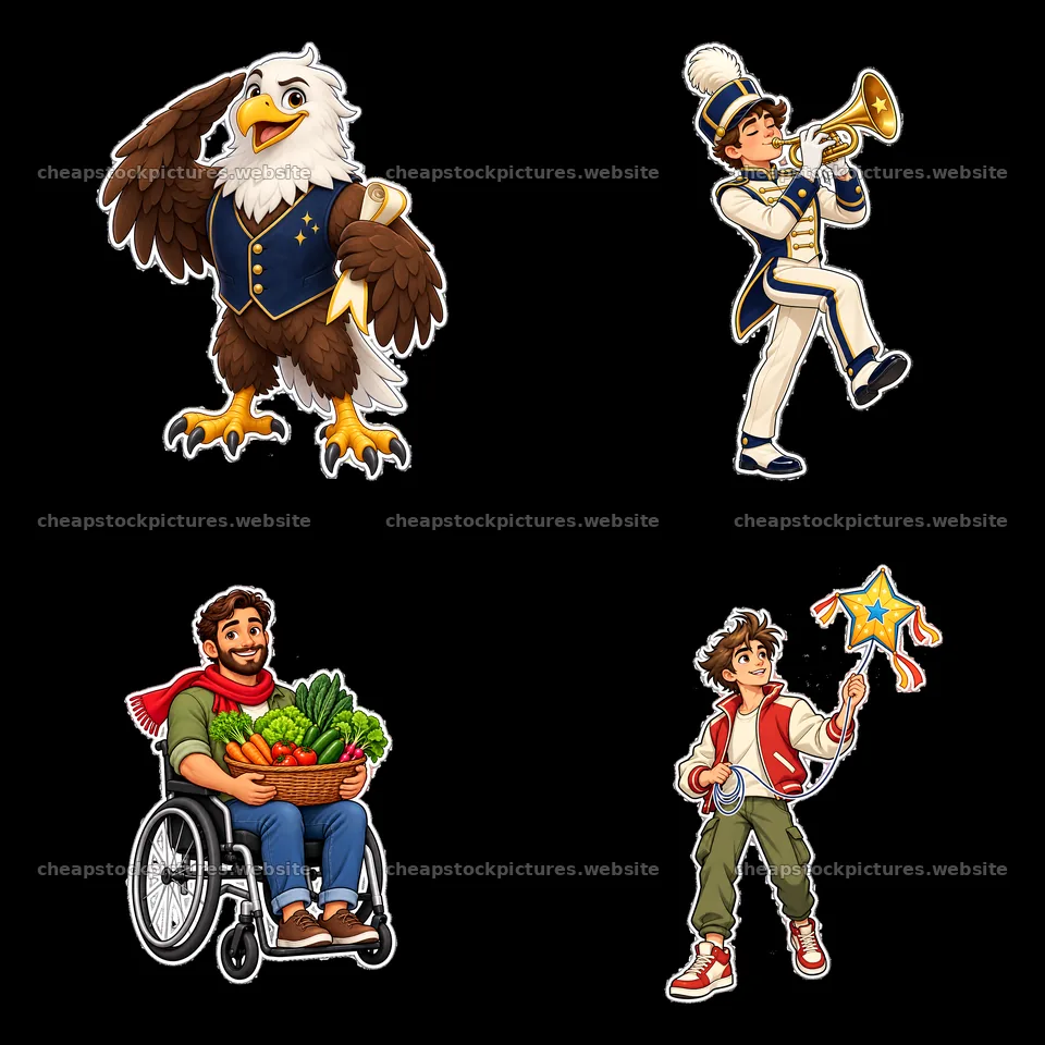 Eagle mascot, musician with trumpet, boy with kite, and gardener – stock pictures 7746x7746