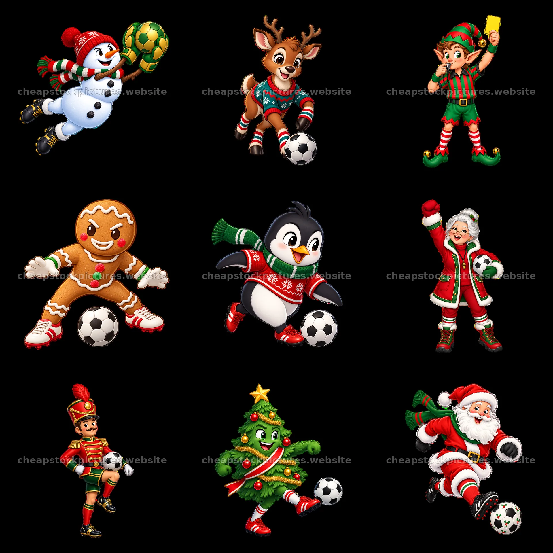 Christmas soccer characters in a 3x3 layout illustration – stock pictures 7746x7746