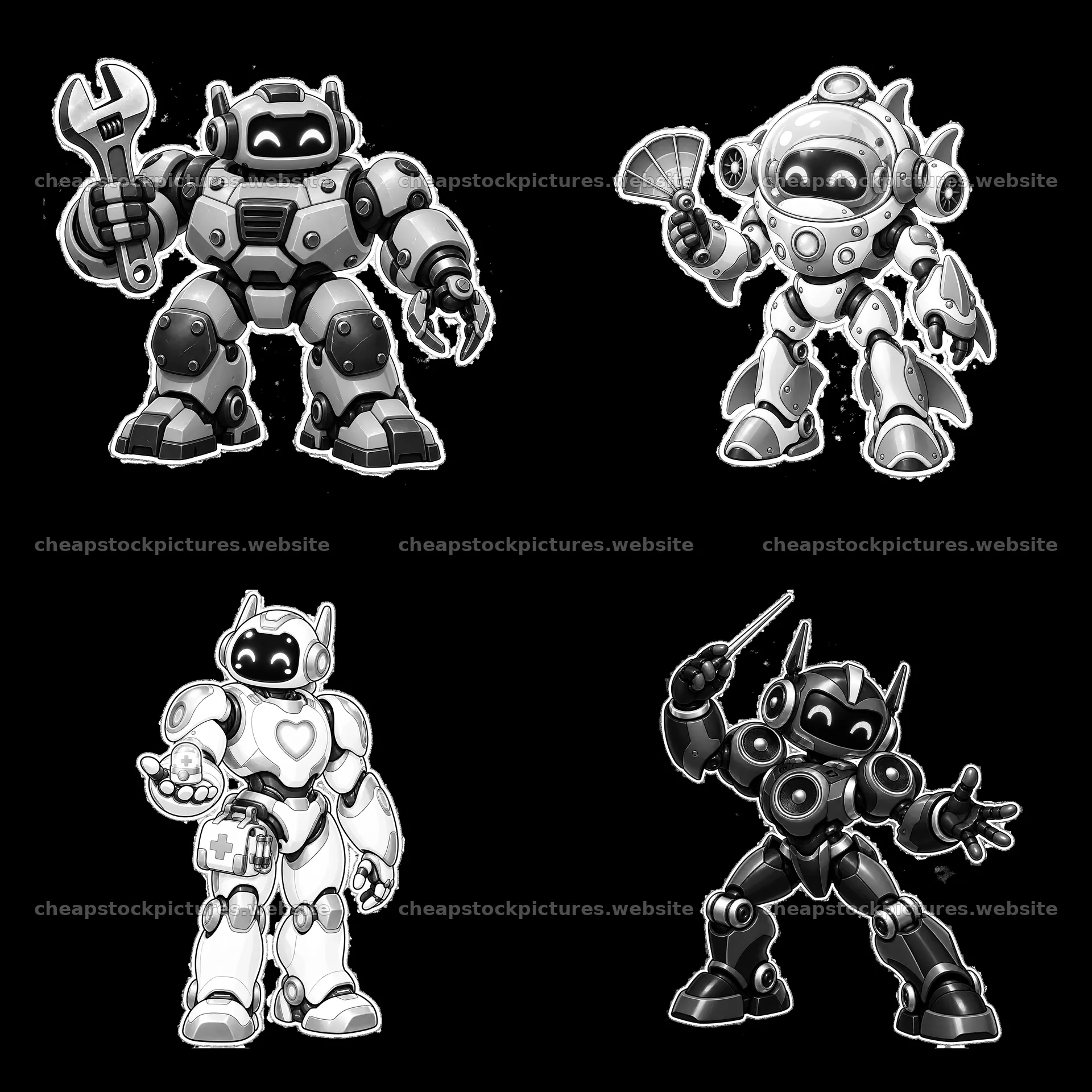 Four cartoon mech robots in unique poses and actions – stock pictures 7746x7746