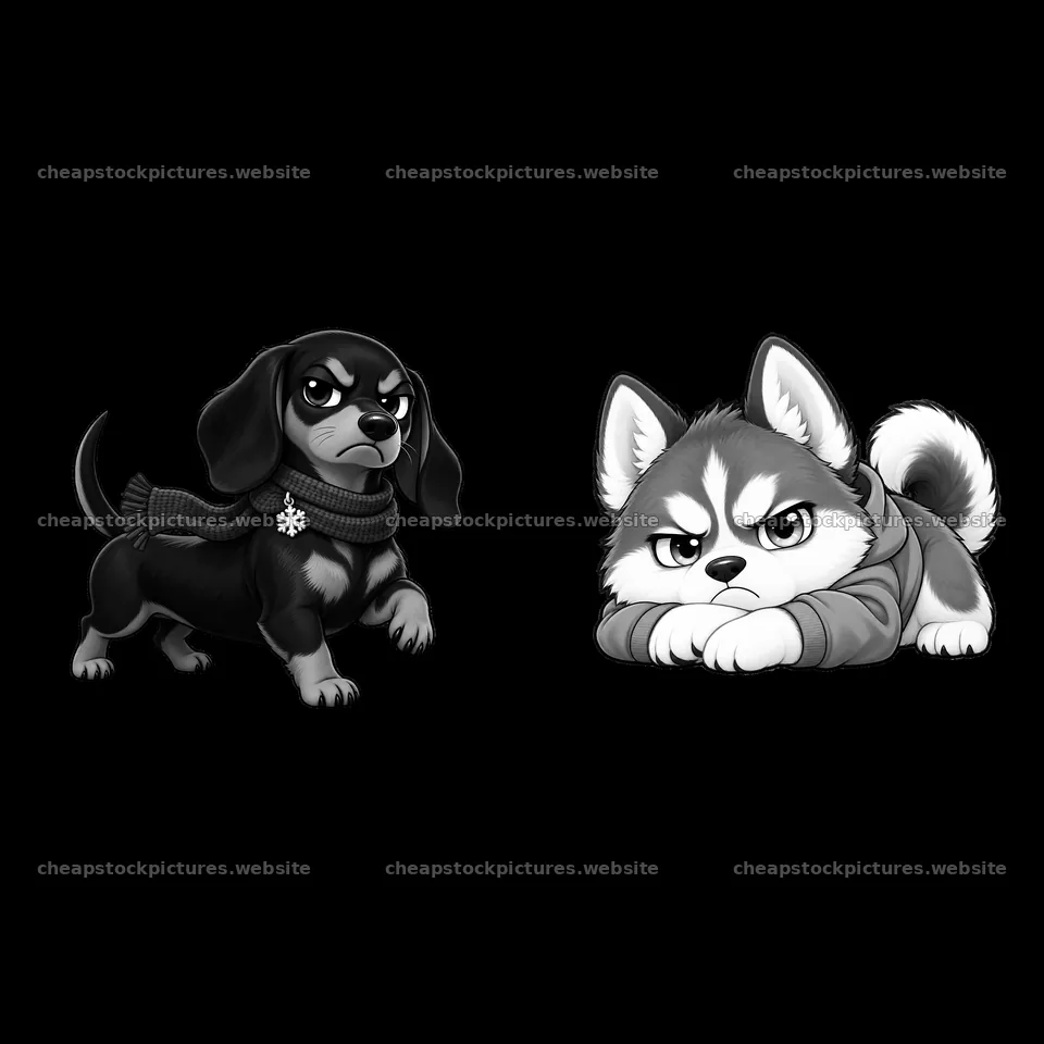 Kawaii grumpy dog stickers with a black dog and a husky – stock pictures 7746x7746