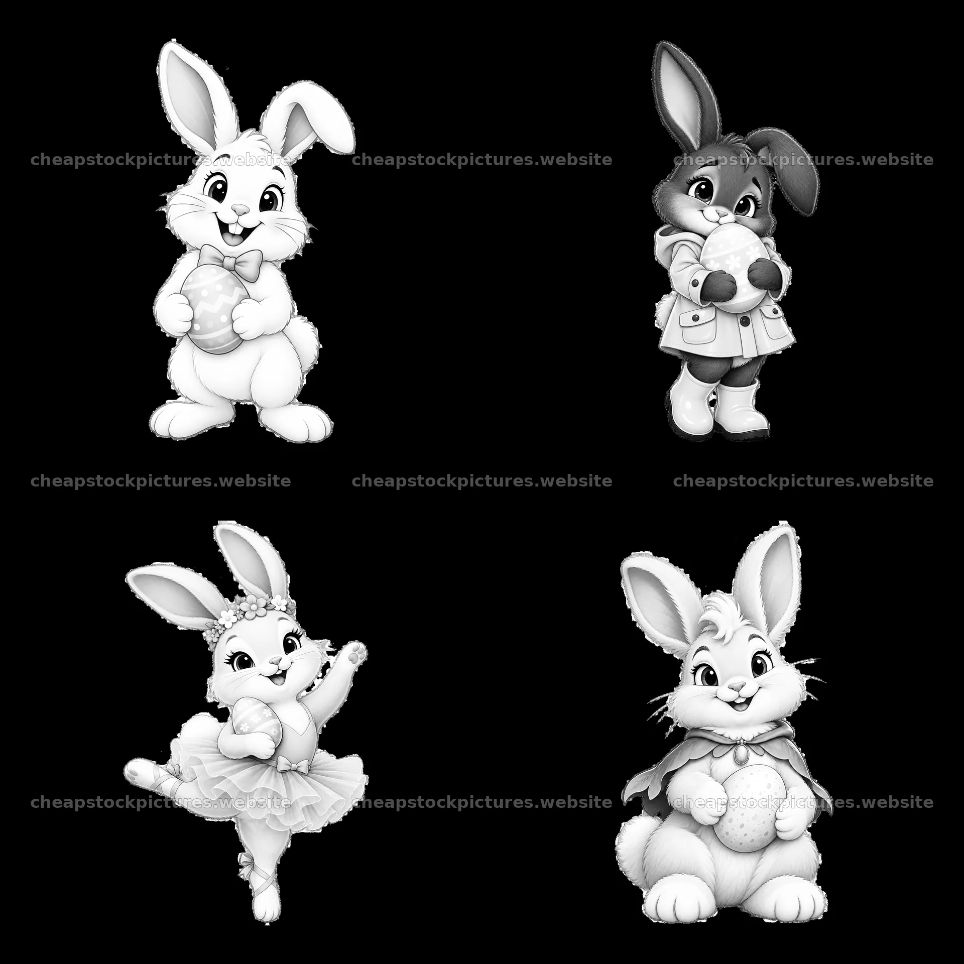 Easter bunnies in various poses with accessories in a grid layout – stock pictures 7746x7746