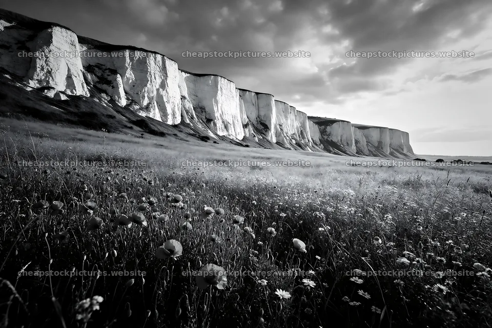Sunny limestone meadow under gray sky with cliffs in background – stock pictures 9722x6480
