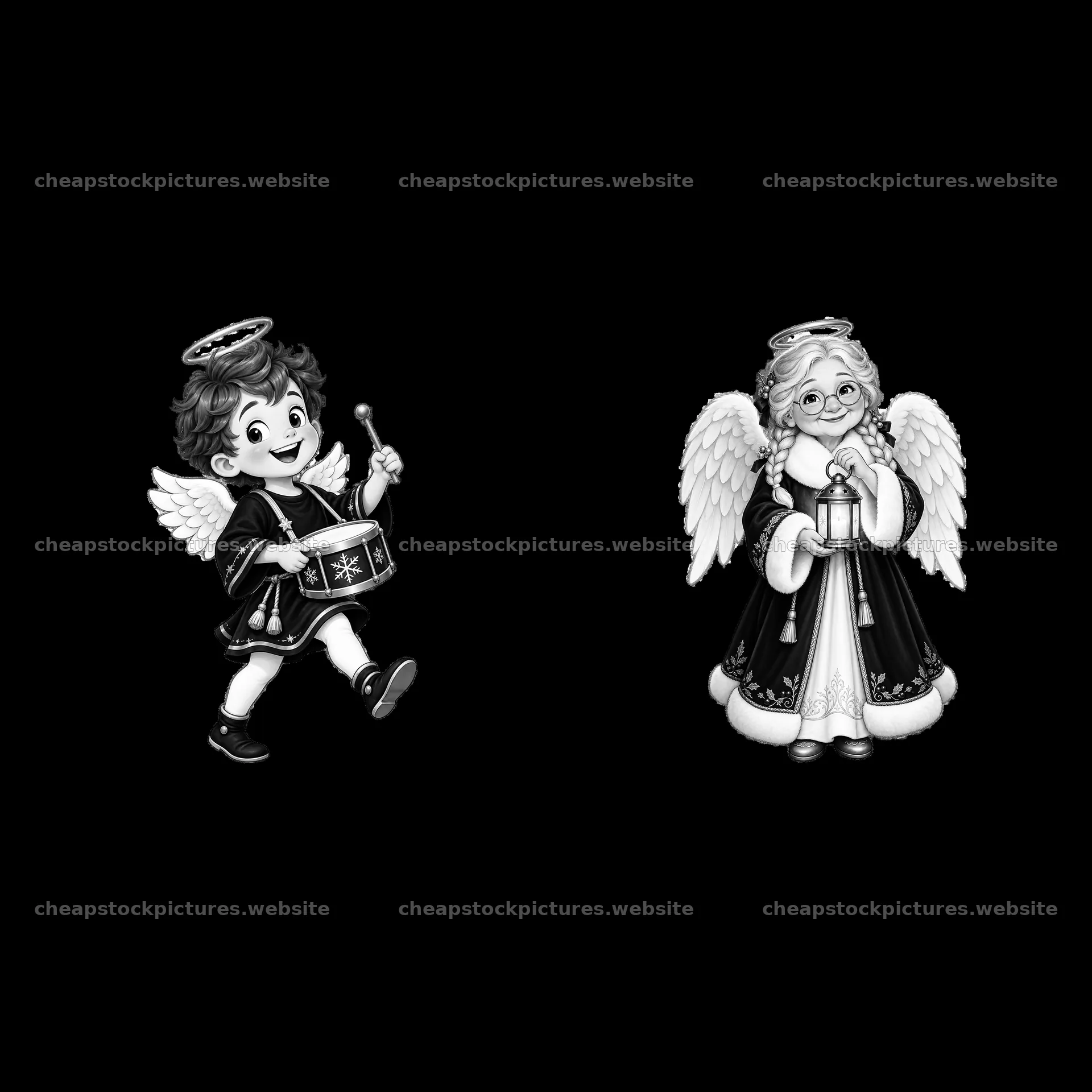 Christmas angel characters with drum and lantern in black and white – stock pictures 7746x7746