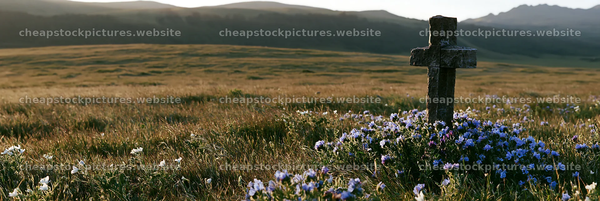 Simple Christian cross in a meadow with flowers – stock pictures 13690x4602