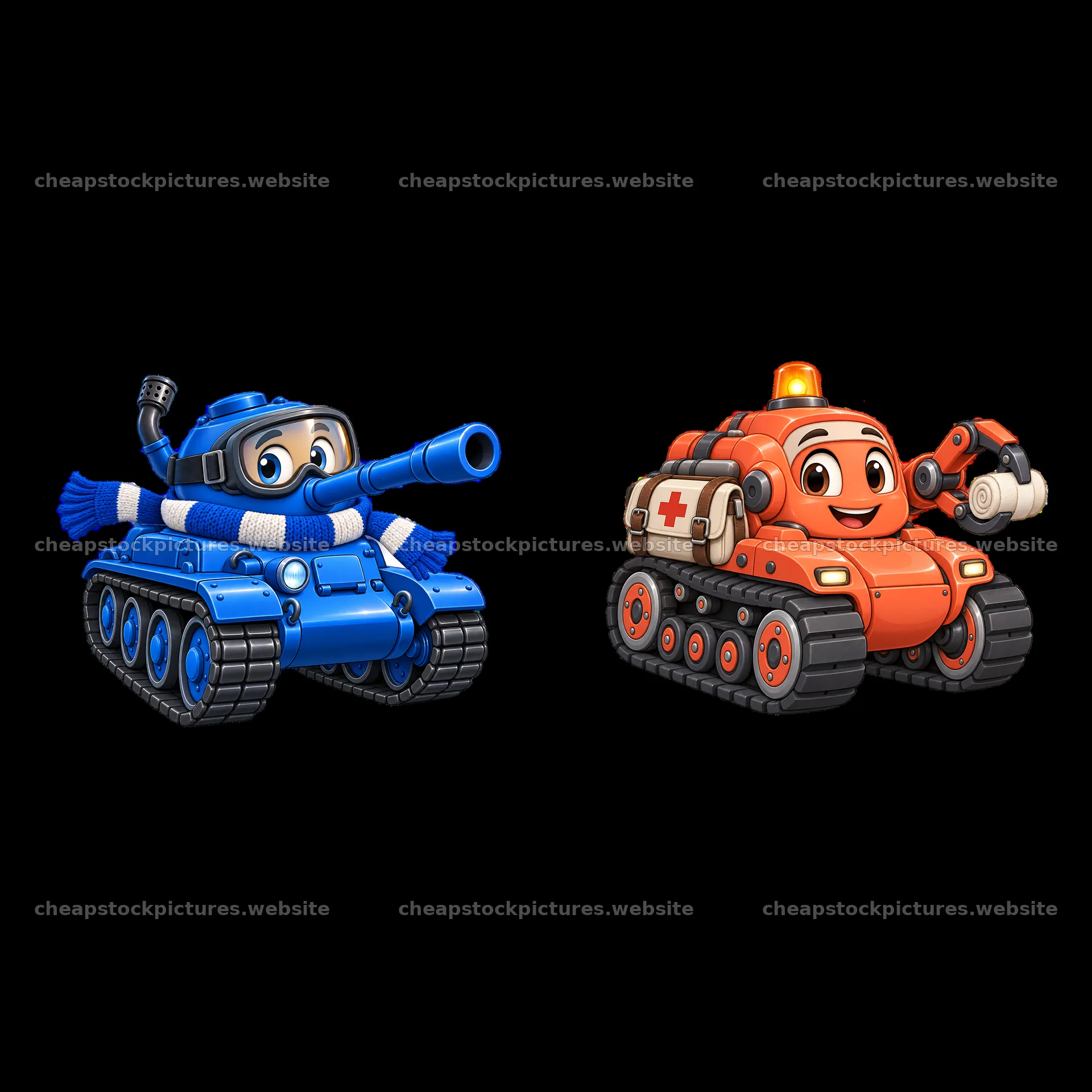 Cartoon tank characters in blue and orange designs – stock pictures 7746x7746
