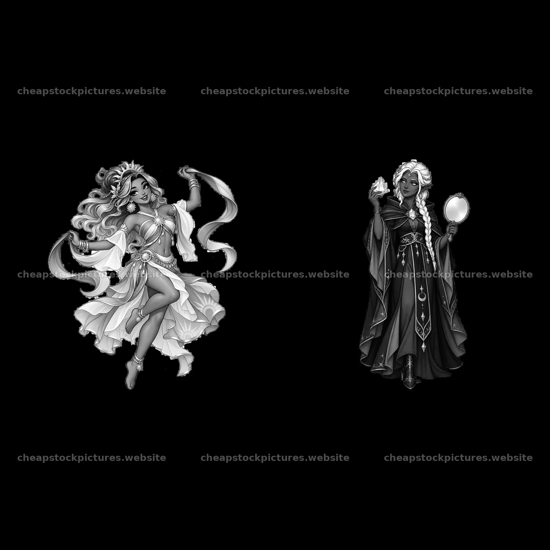 Pagan gods in monochrome: graceful goddess and powerful priestess – stock pictures 7746x7746
