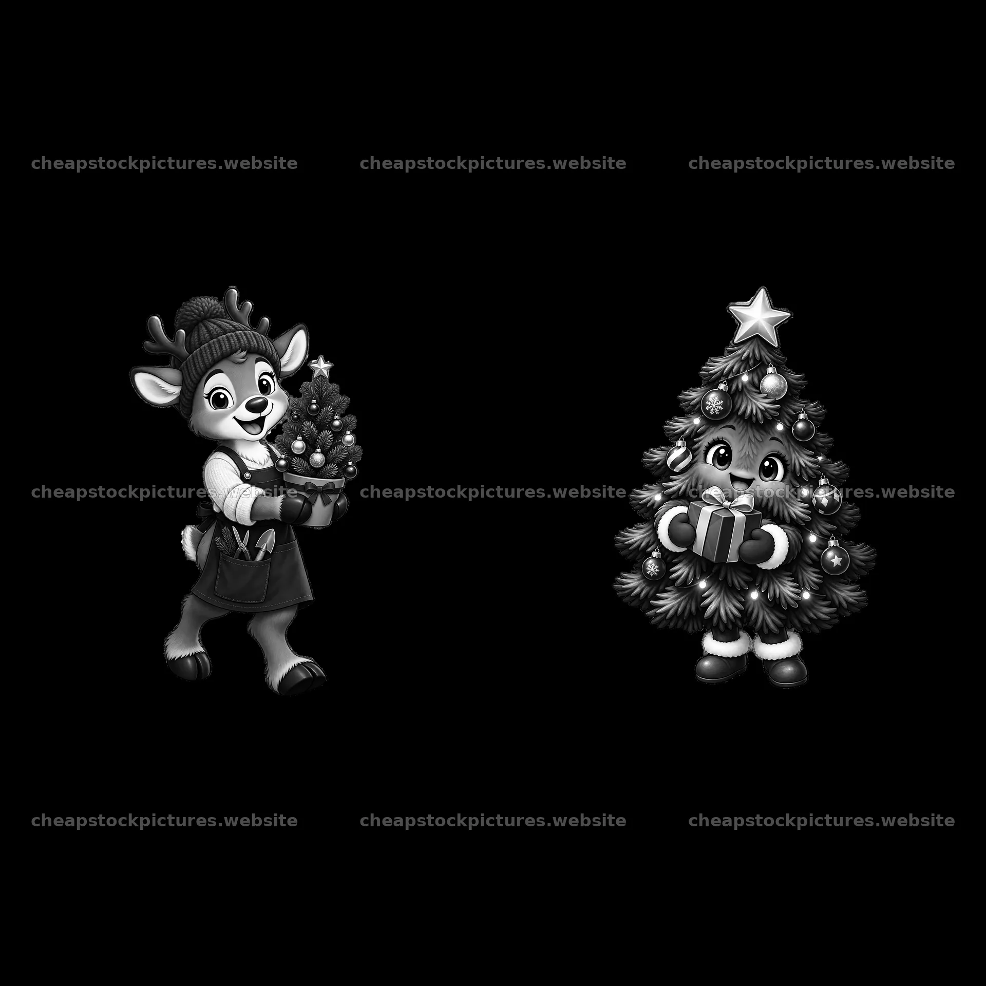 Deer character holding mini Christmas tree next to gift-bearing – stock pictures 7746x7746