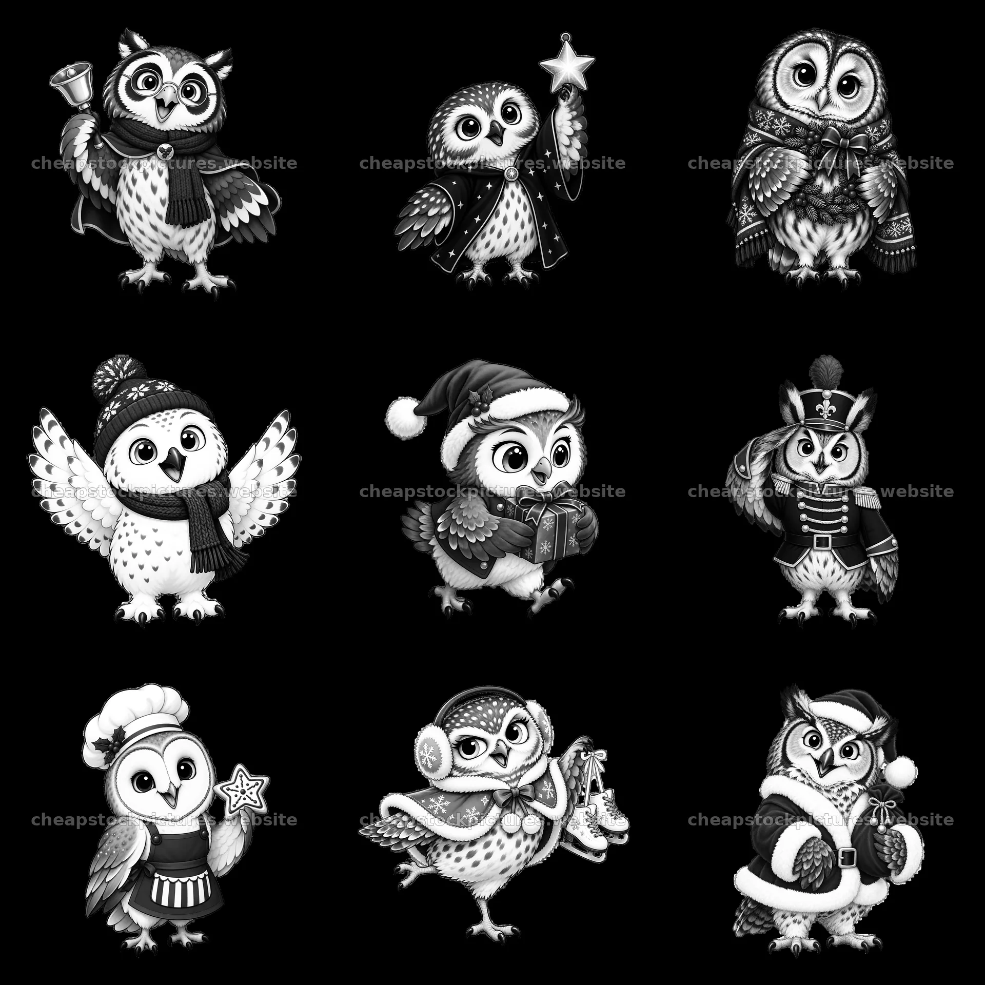 Christmas owls in festive outfits and activities arranged in a grid – stock pictures 7746x7746