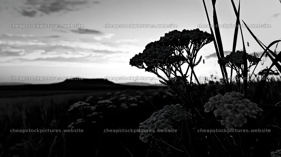 Yarrow meadow bloom with sunset sky in the background – stock pictures 10608x5938