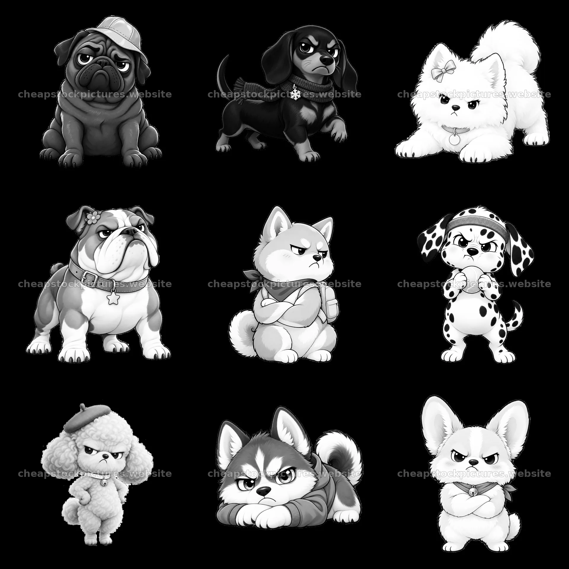 Kawaii grumpy dog cartoon sticker set in a 3x3 grid – stock pictures 7746x7746