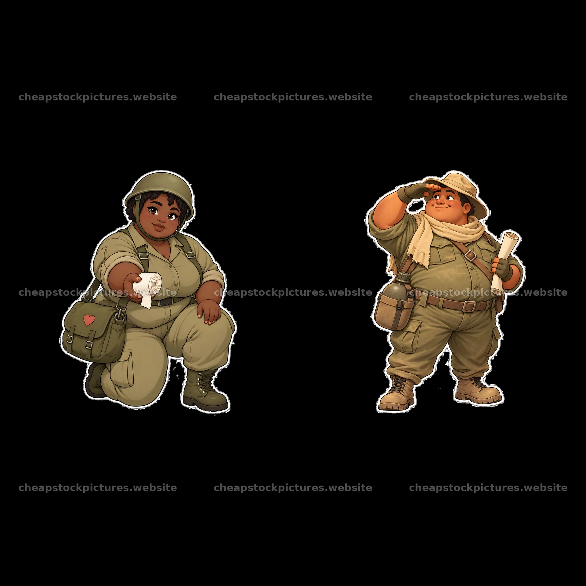 Cute ultra-chubby soldier duo with accessories and poses – stock pictures 7746x7746