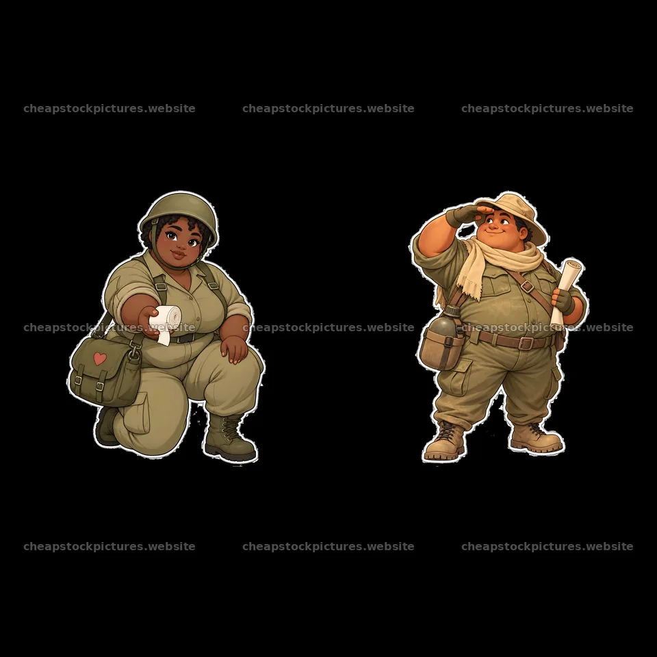 Cute ultra-chubby soldier duo with accessories and poses – stock pictures 7746x7746