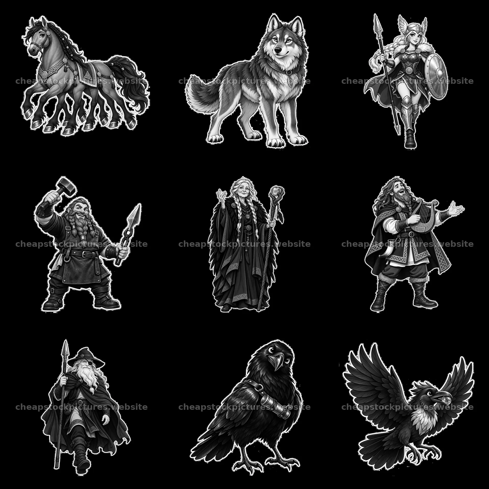 Odin the Norse All-Father with mythical creatures and characters – stock pictures 7746x7746