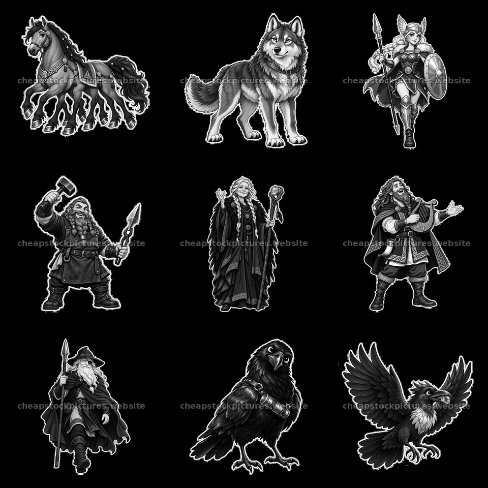 Odin the Norse All-Father with mythical creatures and characters – stock pictures 7746x7746