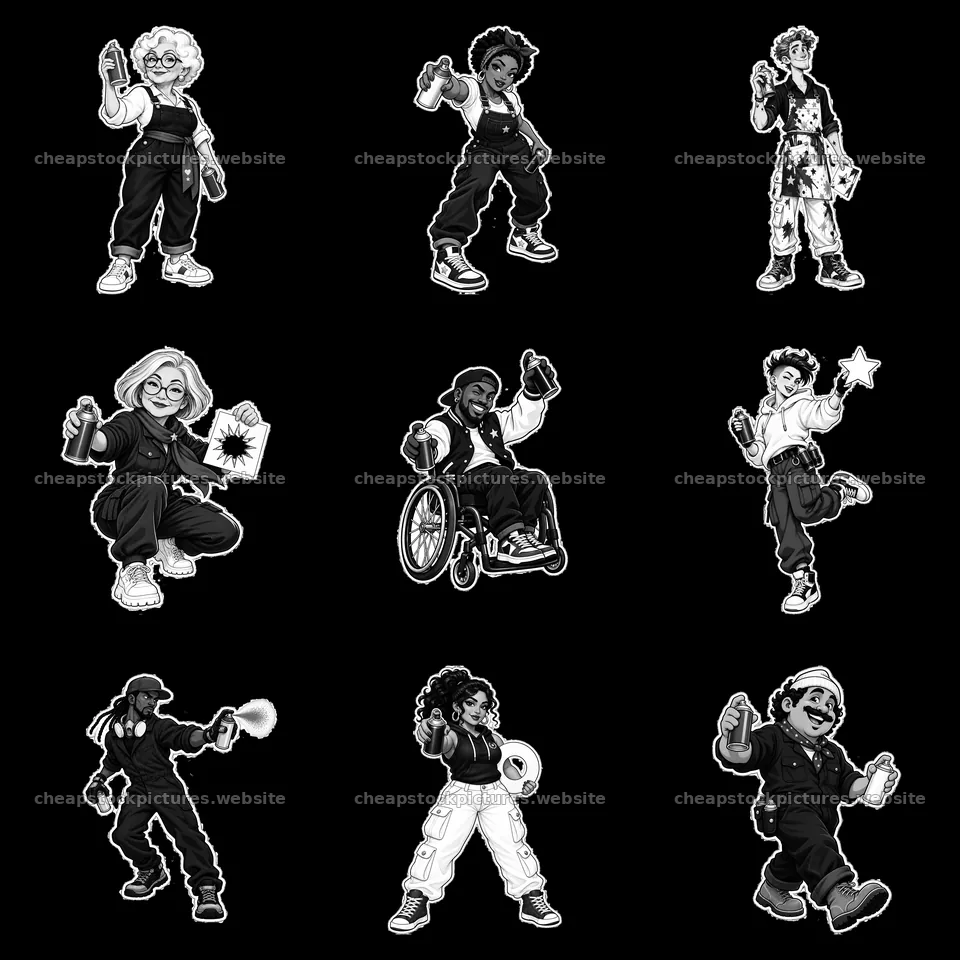 Graffiti sprayers in black and white illustrating diverse styles – stock pictures 7746x7746