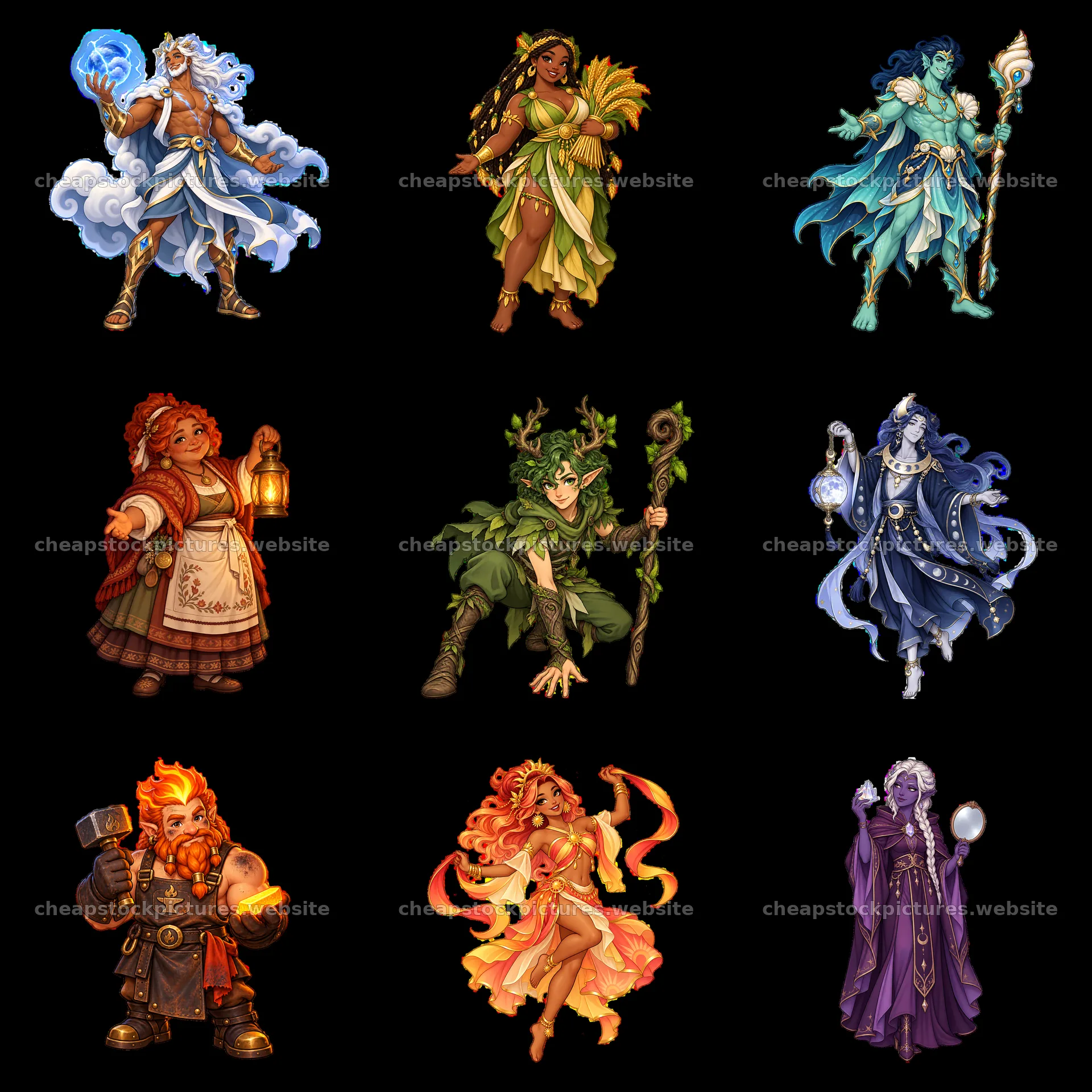 Pagan gods in a 3x3 grid featuring diverse characters and colors – stock pictures 7746x7746