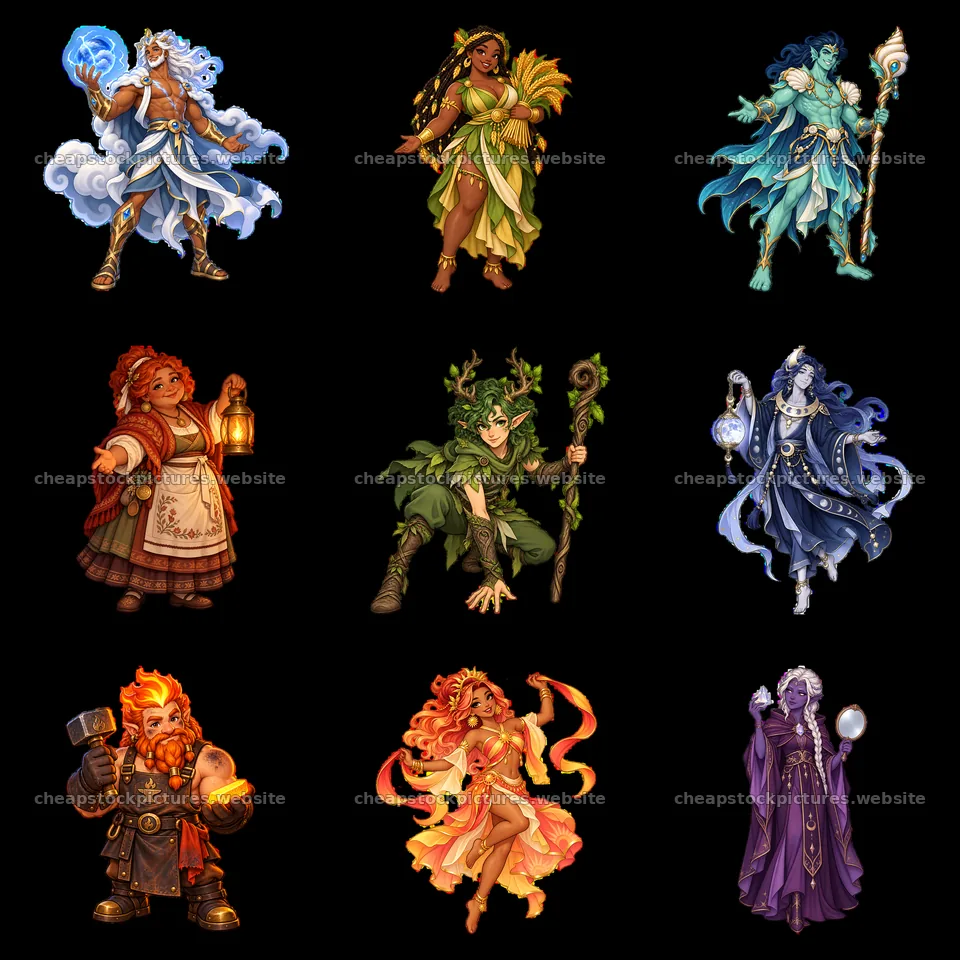 Pagan gods in a 3x3 grid featuring diverse characters and colors – stock pictures 7746x7746