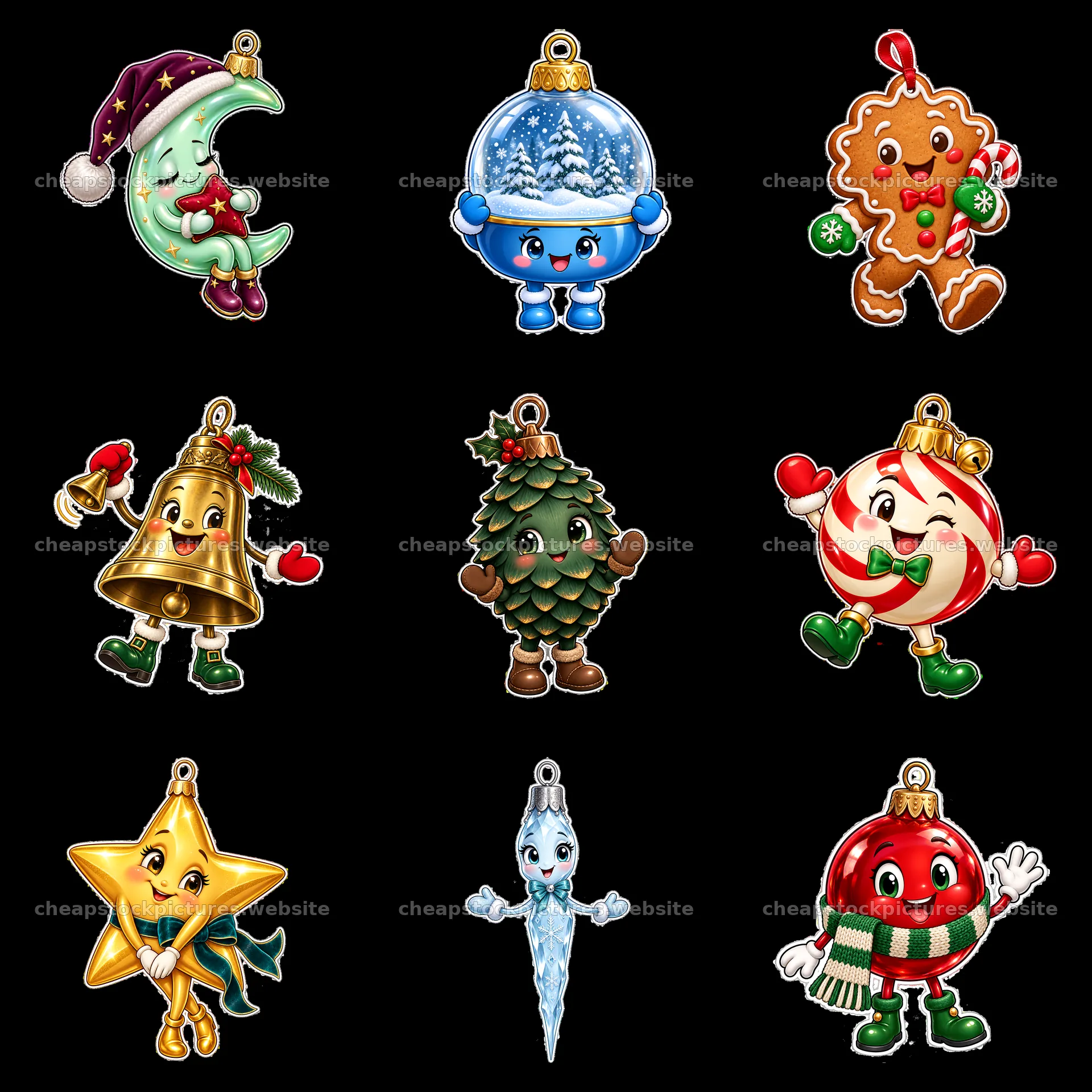 Cute Christmas ornaments featuring joyful characters and treats – stock pictures 7746x7746