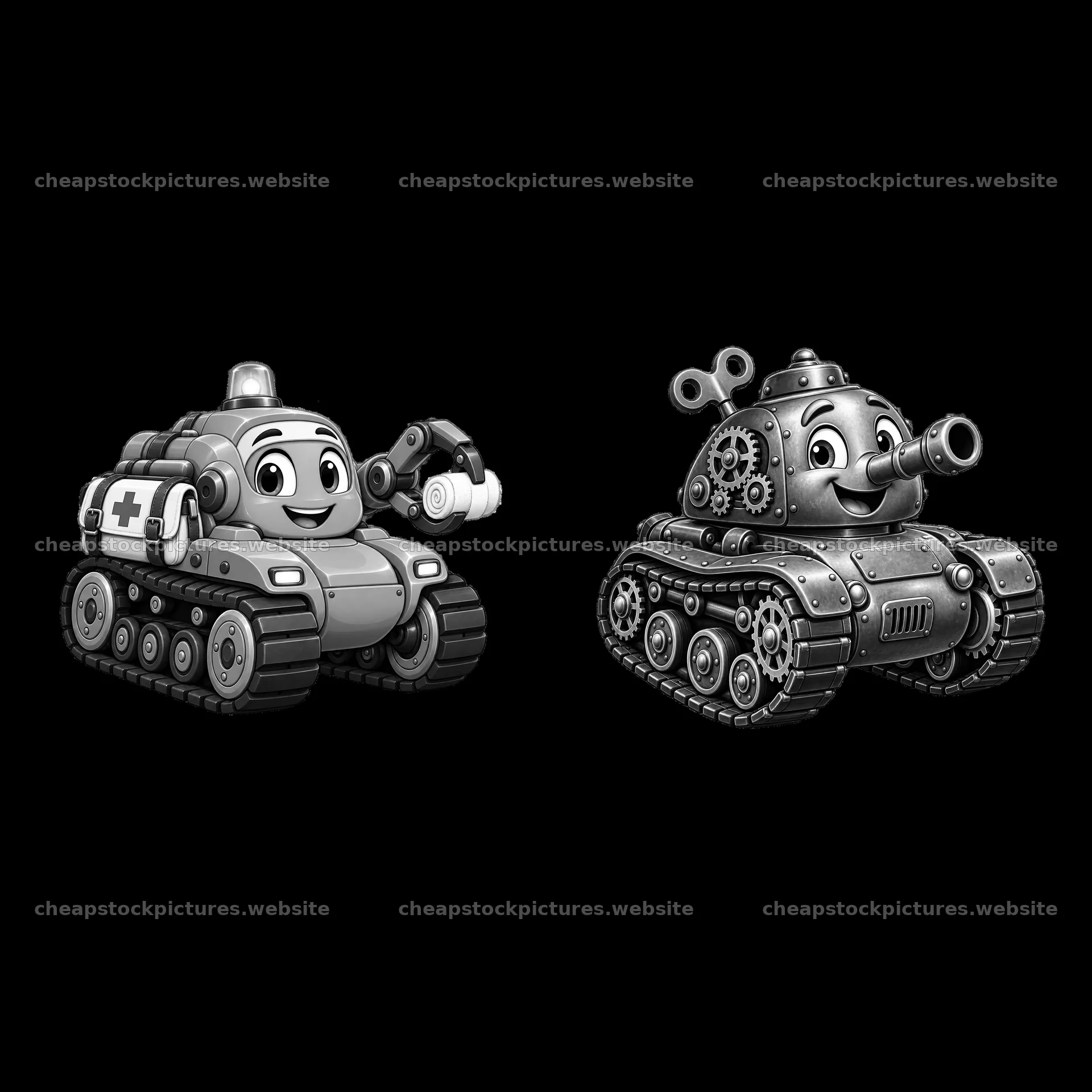 Cartoon tanks with smiling faces and distinct features – stock pictures 7746x7746