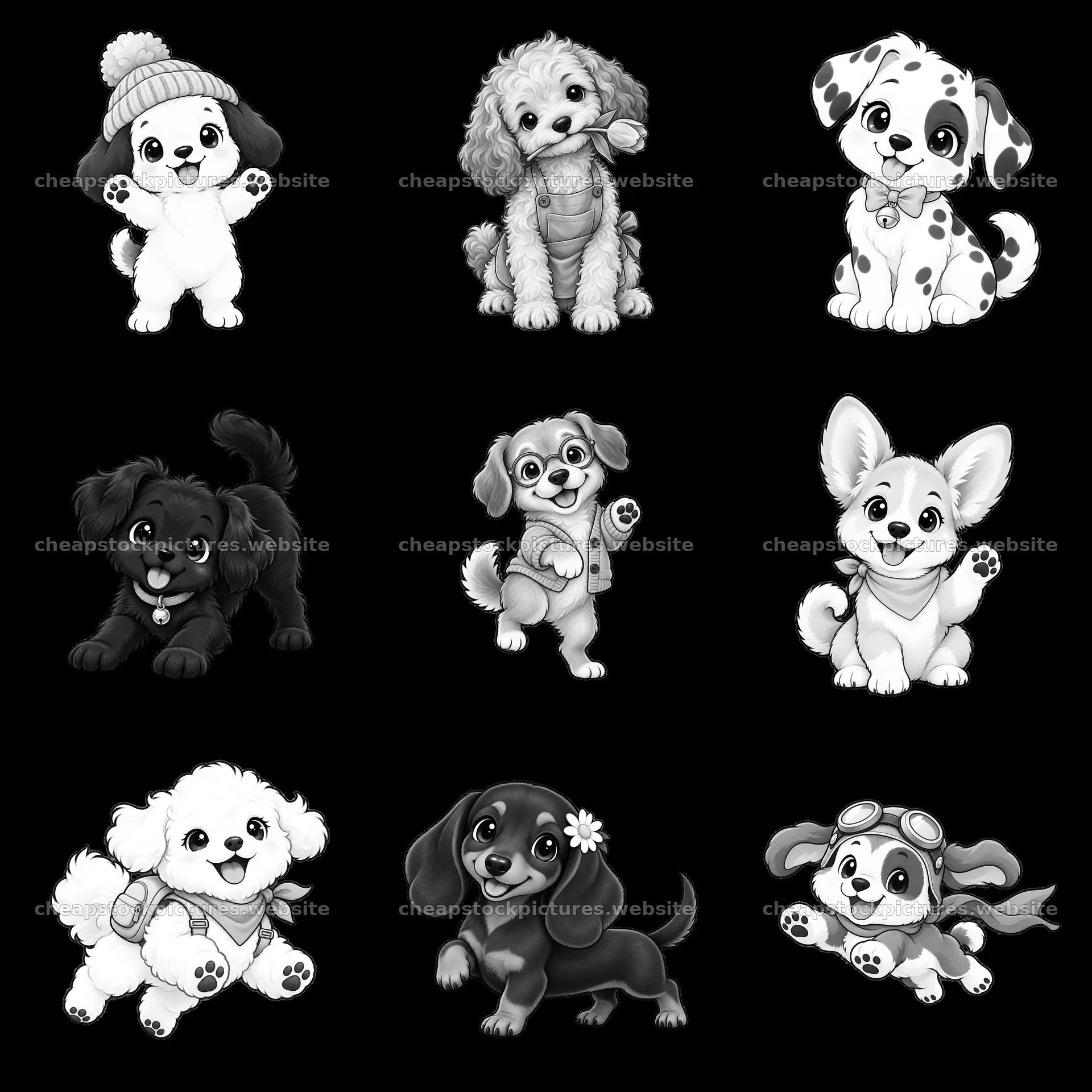 Cute dog stickers in black and white arranged in a grid layout – stock pictures 7746x7746