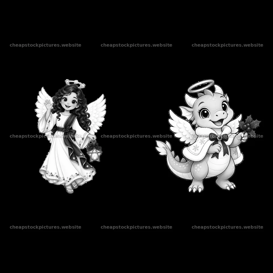 Cartoon Christmas angel and dragon characters holding gifts – stock pictures 7746x7746