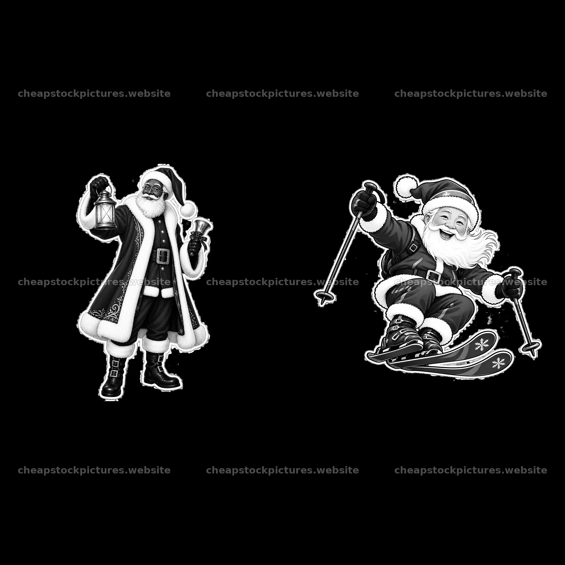 Santa Claus holding a lantern and skiing in black and white – stock pictures 7746x7746