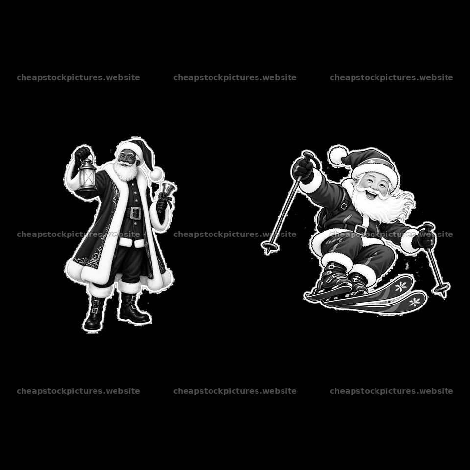 Santa Claus holding a lantern and skiing in black and white – stock pictures 7746x7746