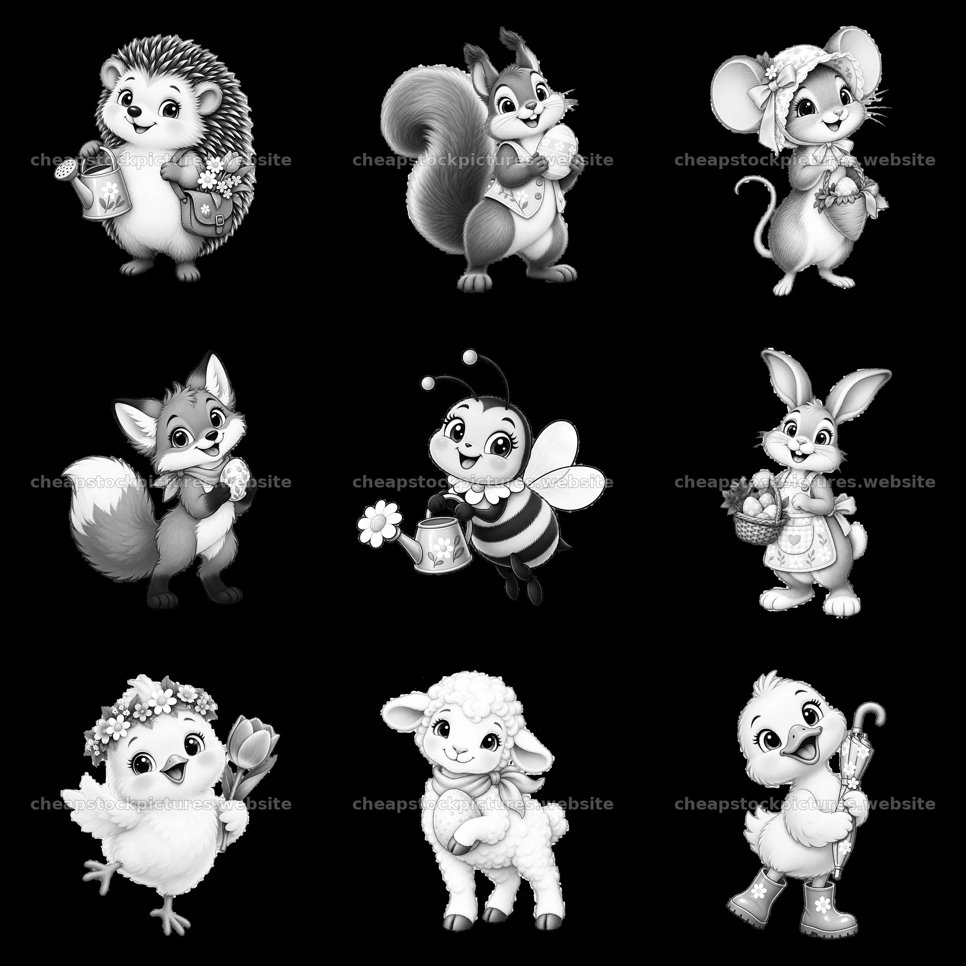 Cute animals celebrating Easter in a 3x3 layout sticker set – stock pictures 7746x7746