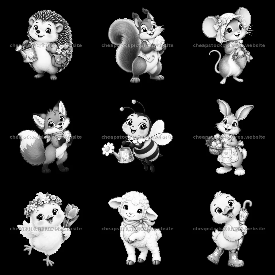 Cute animals celebrating Easter in a 3x3 layout sticker set – stock pictures 7746x7746