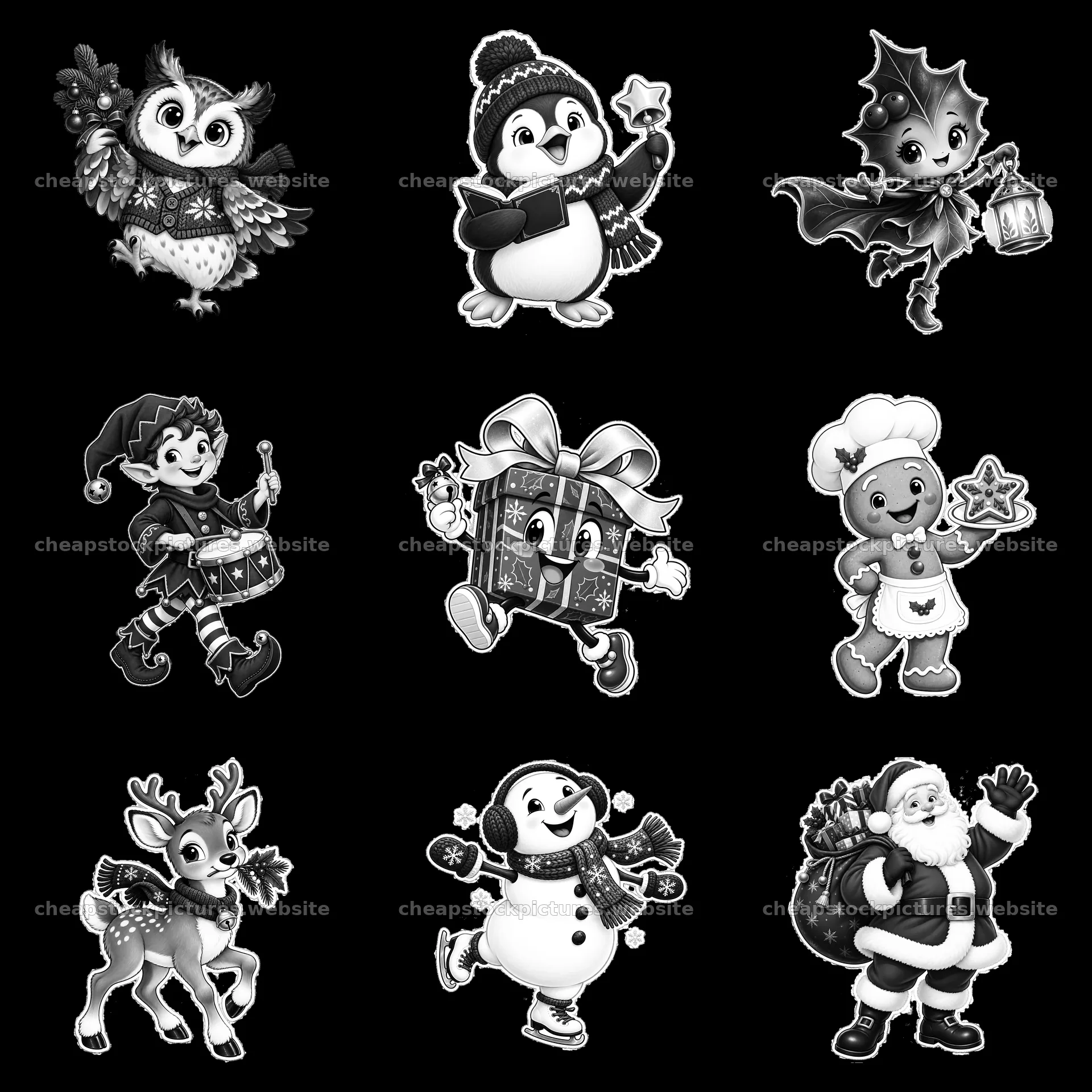 Christmas cartoon characters in a 3x3 grid layout – stock pictures 7746x7746