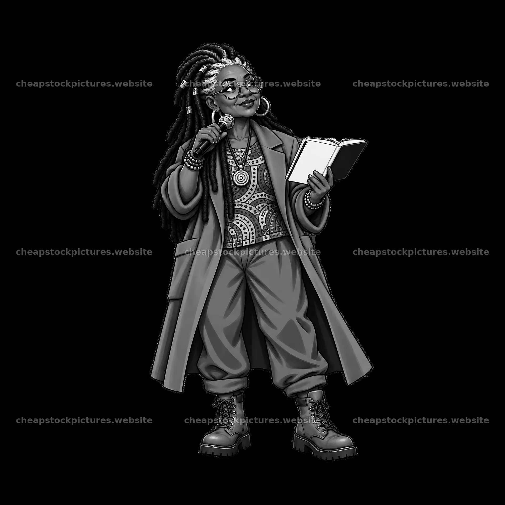 Hip-hop artist performing with a book in hand – stock pictures 7746x7746