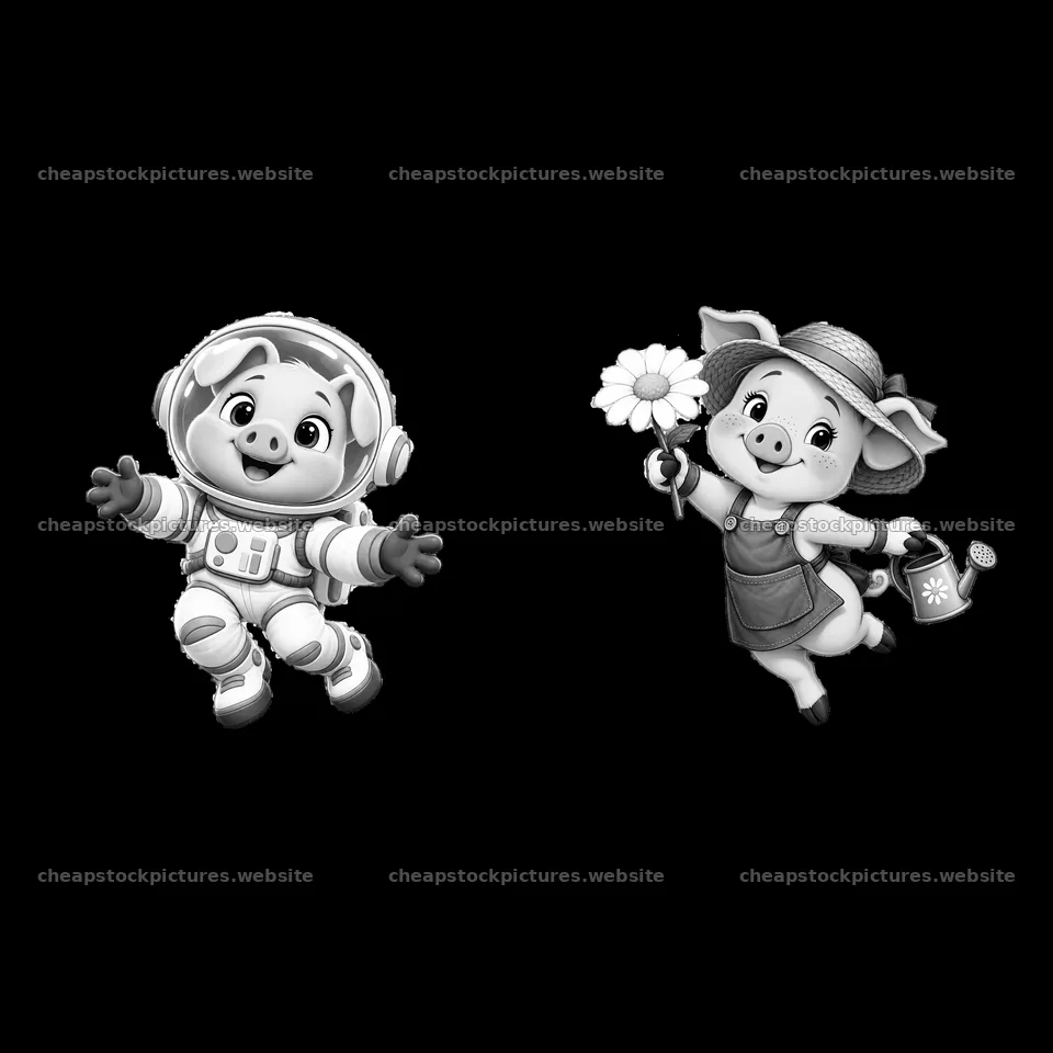 Cheerful pig astronaut and pig gardener with flowers – stock pictures 7746x7746