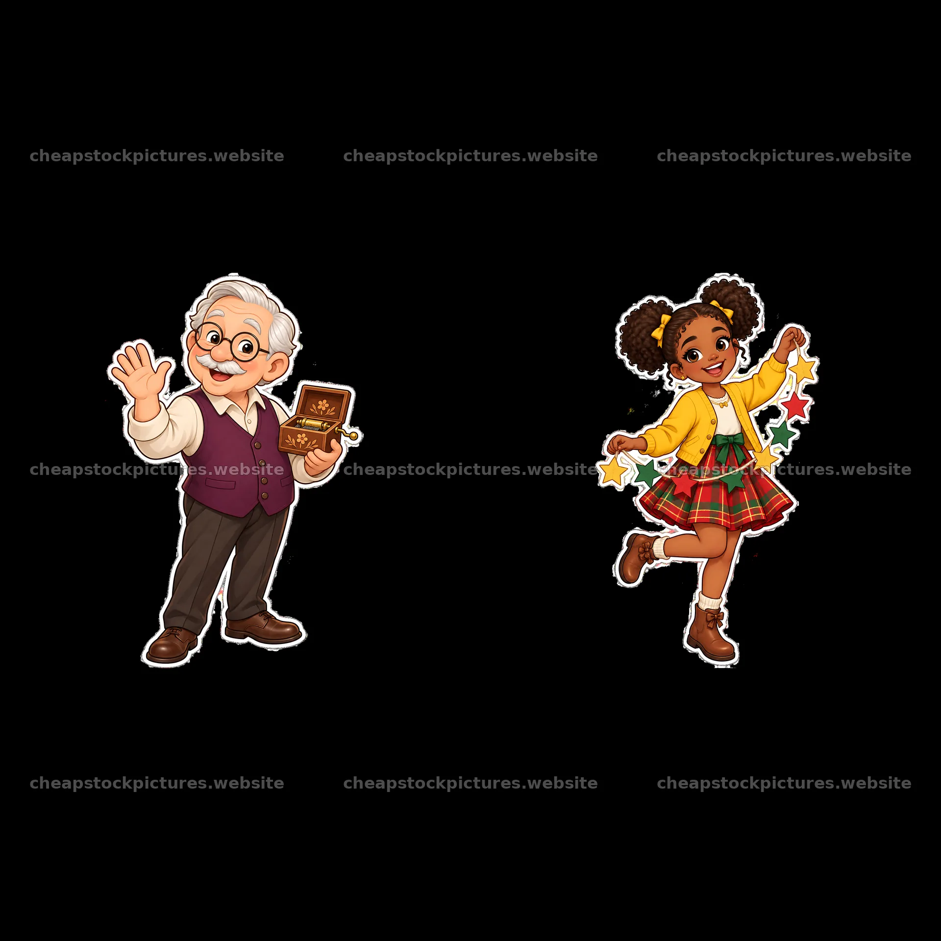 Grandfather holding a book and girl dancing with stars – stock pictures 7746x7746