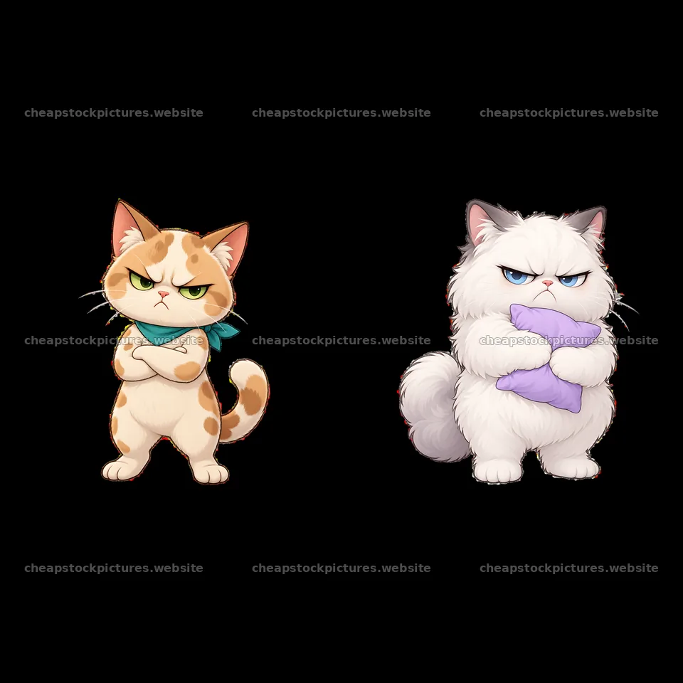 Kawaii grumpy cats with contrasting expressions and colors – stock pictures 7746x7746