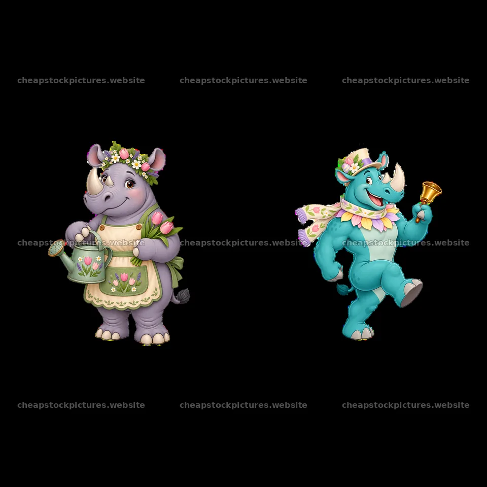 Two cartoon rhinoceroses celebrate Easter – stock pictures 7746x7746