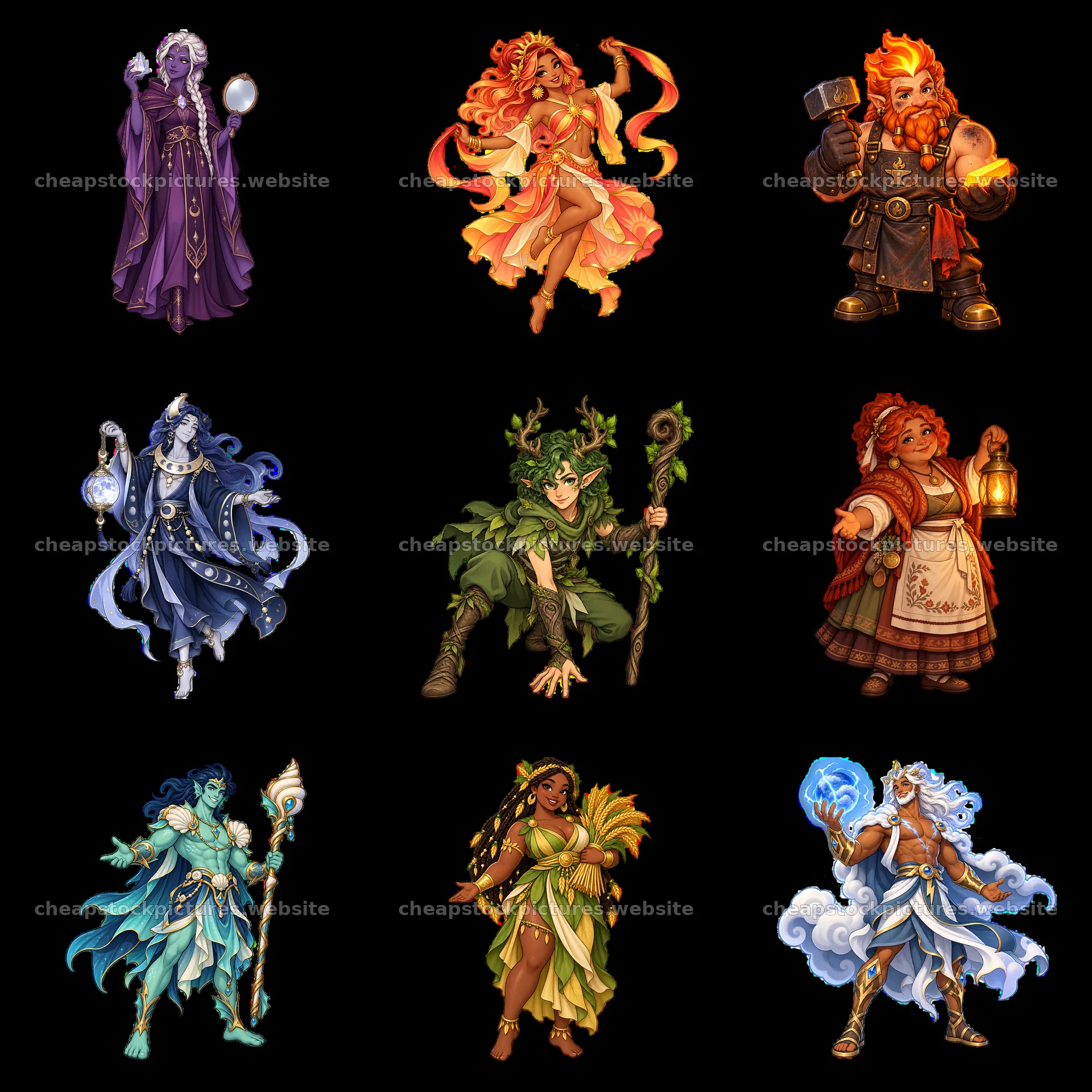 Pagan gods in a 3x3 grid with unique characters and themes – stock pictures 7746x7746