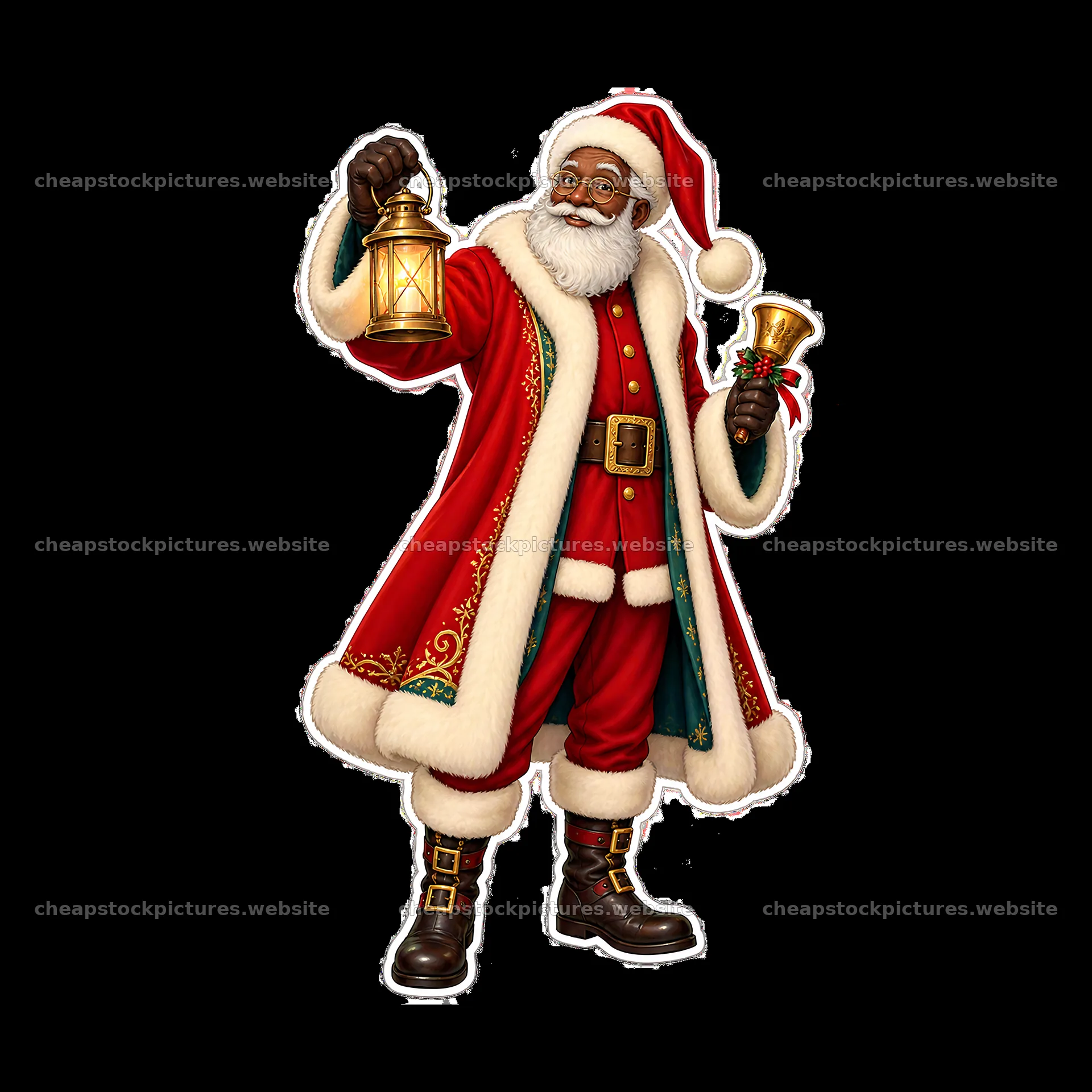 Santa Claus holding a lantern and bell in festive attire – stock pictures 7746x7746