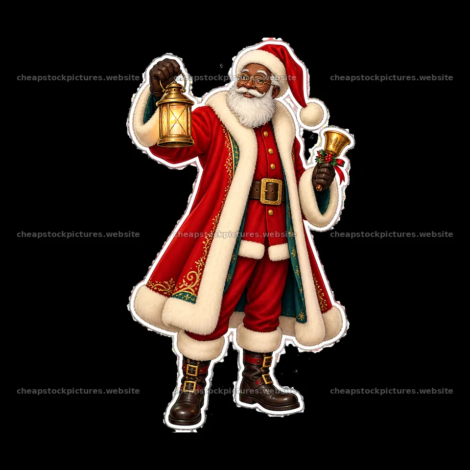 Santa Claus holding a lantern and bell in festive attire – stock pictures 7746x7746